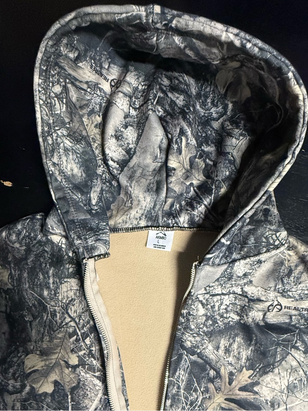 Akimbo Club Hoodie L Camo Realtree Edge Full Zip Fleece Lined Made in LA Organic